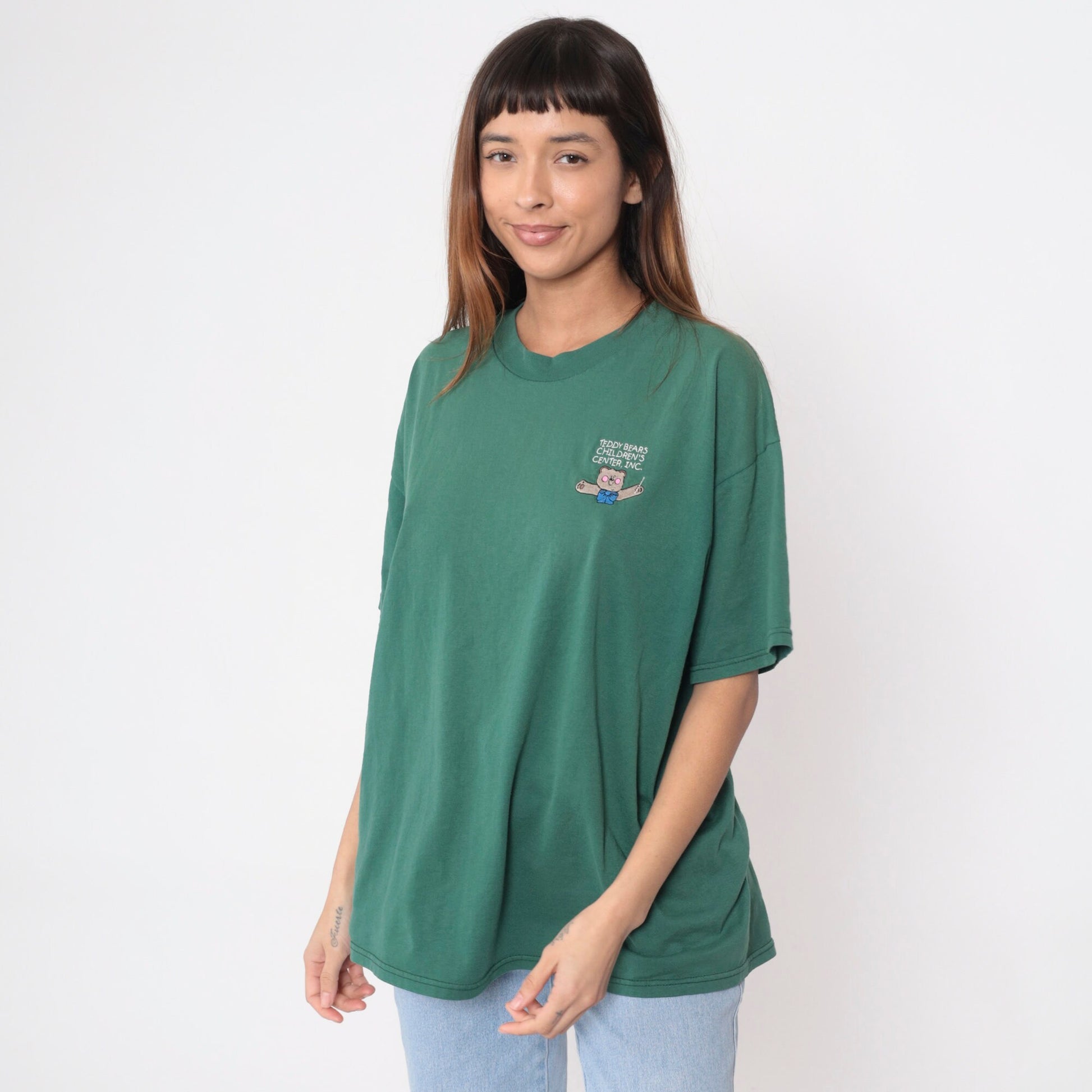 90s Teddy Bears Children Center Embroidered T-Shirt Green Cotton Tee Extra Large XL