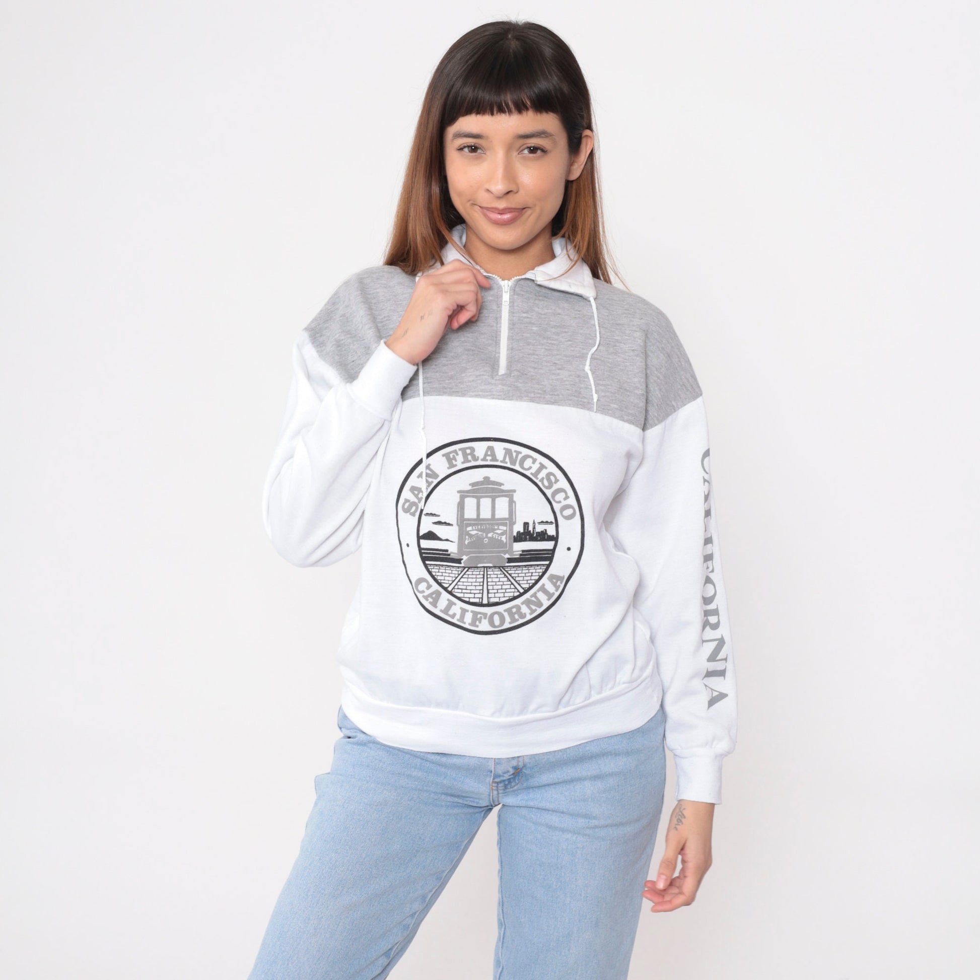 90s San Francisco Trolley Quarter Zip Sweatshirt Grey White Small Medium