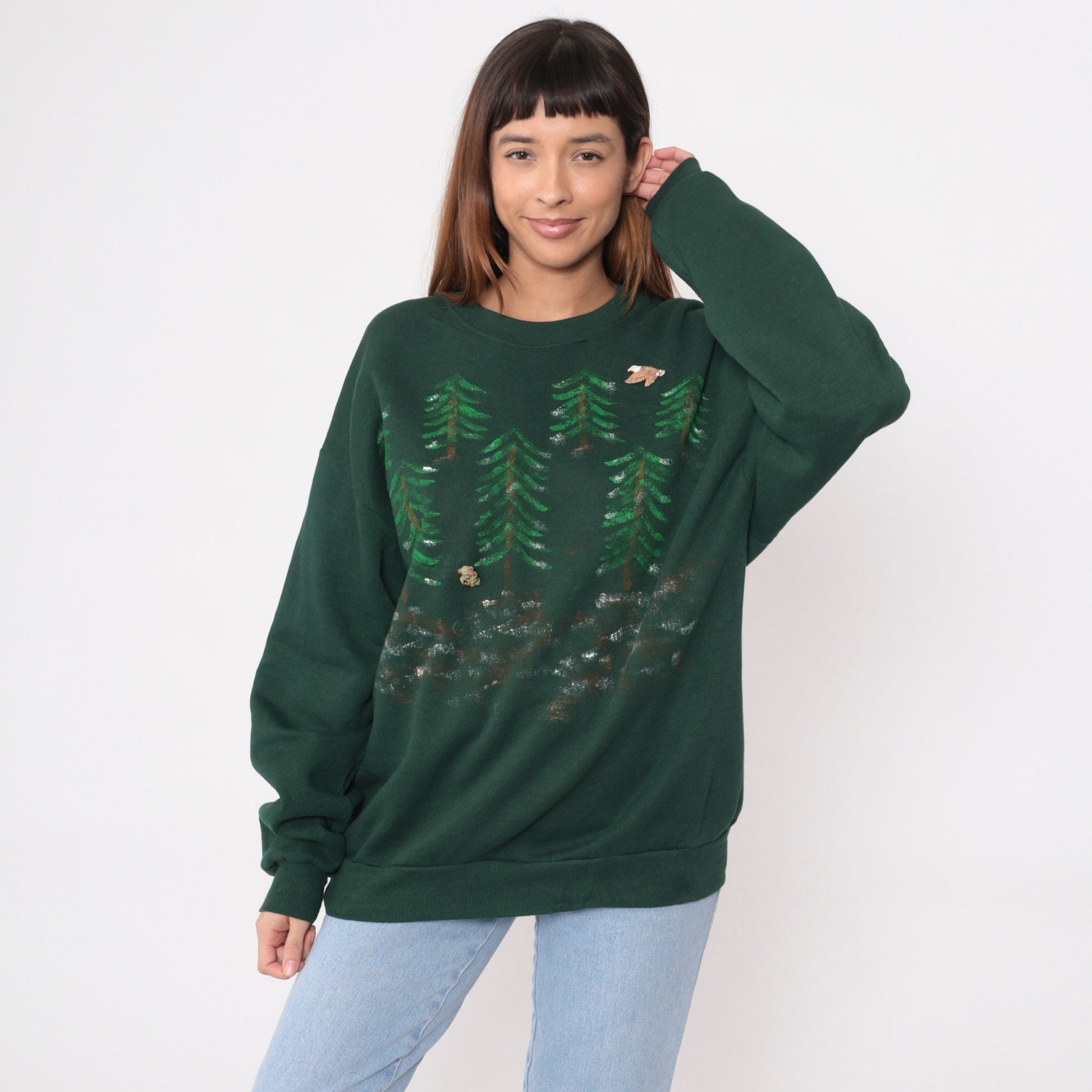 90s Hand Painted Forest Ranger Teddy Bear Eagle Sweatshirt Dark Green Extra Large XXL