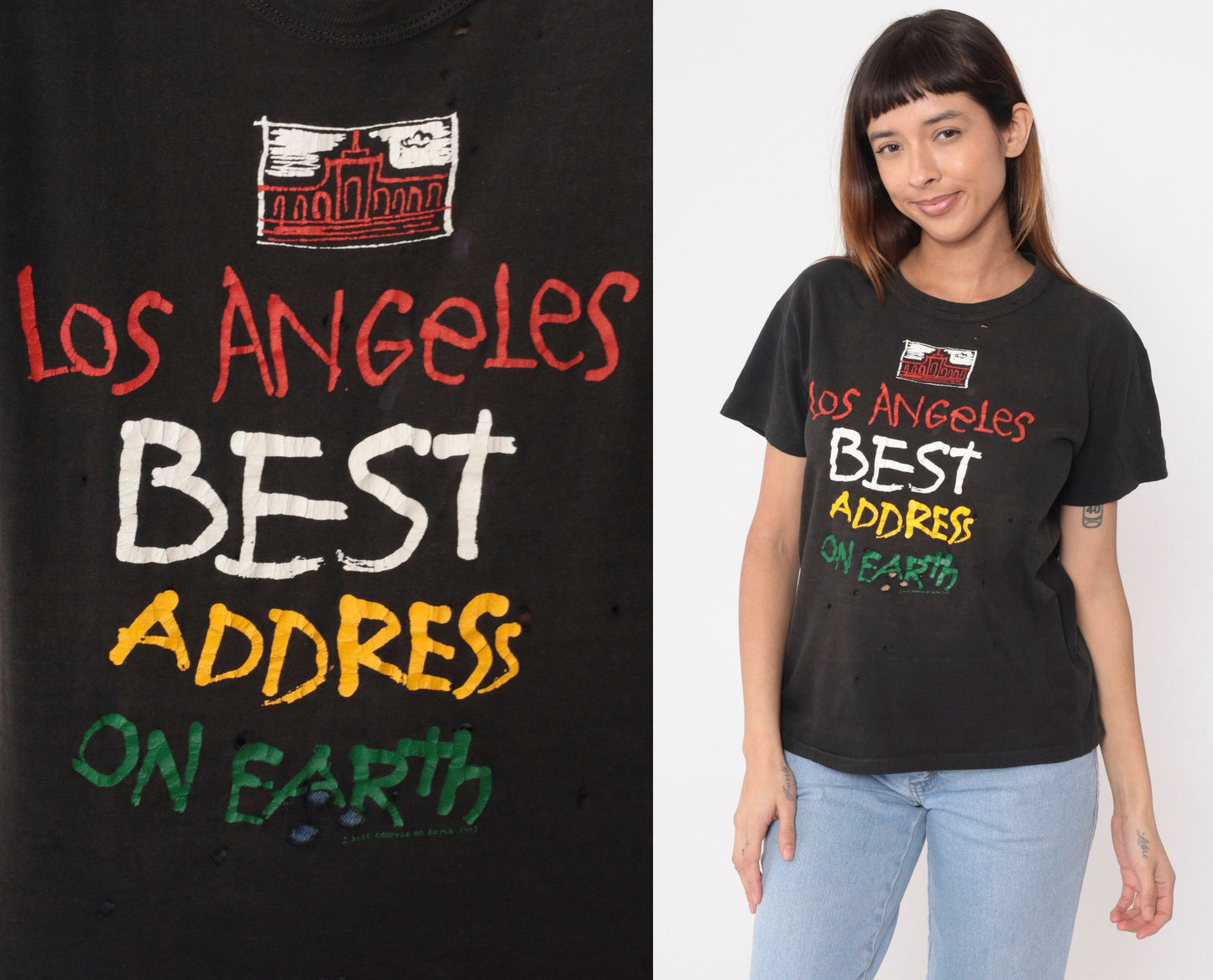 90s Los Angeles 'Best Address on Earth' Graphic Tee Black Distressed Medium