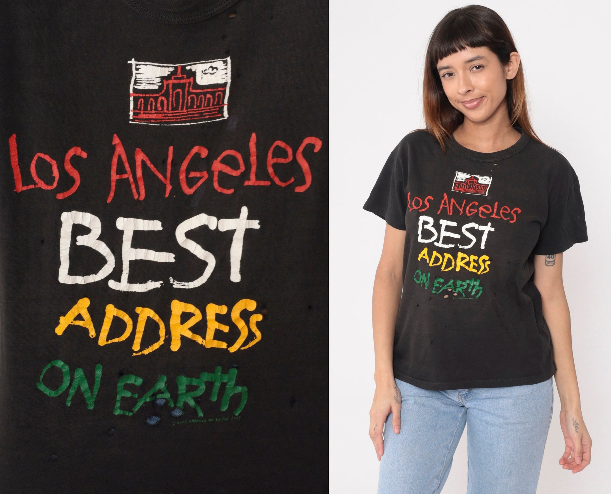90s Los Angeles 'Best Address on Earth' Graphic Tee Black Distressed Medium