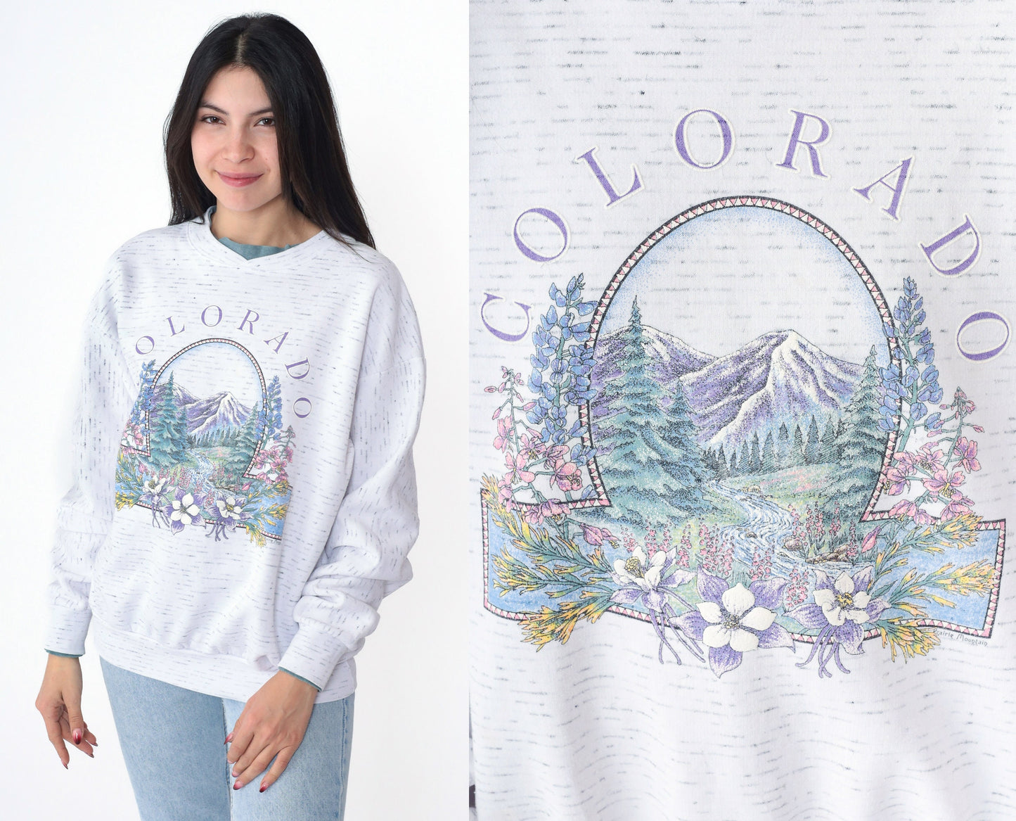 90s Colorado Mountain Floral Graphic Sweatshirt Double Collar Drop Shoulder Medium