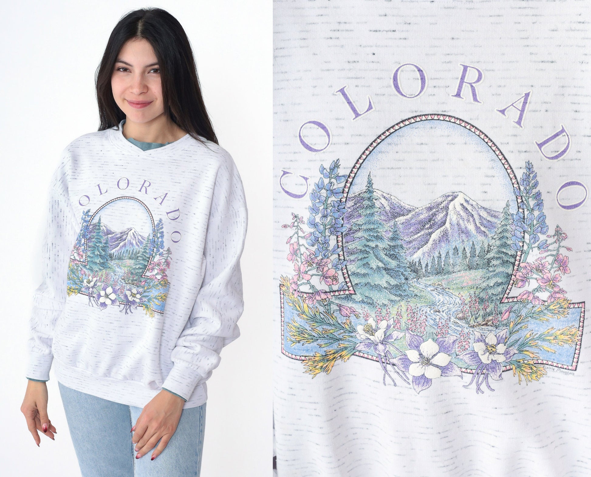 90s Colorado Mountain Floral Graphic Sweatshirt Double Collar Drop Shoulder Medium
