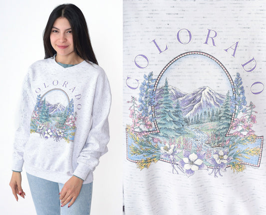 90s Colorado Mountain Floral Graphic Sweatshirt Double Collar Drop Shoulder Medium