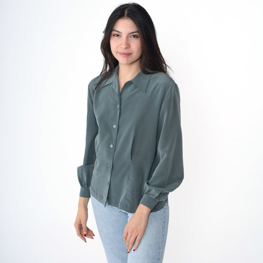 90s Liz Claiborne Grey Button-Up Blouse Long Sleeve Collared Shirt Extra Small XS