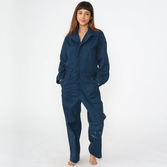 90s Navy Paint Splatter Coveralls Long Sleeve Workwear Boilersuit Men's 40 R