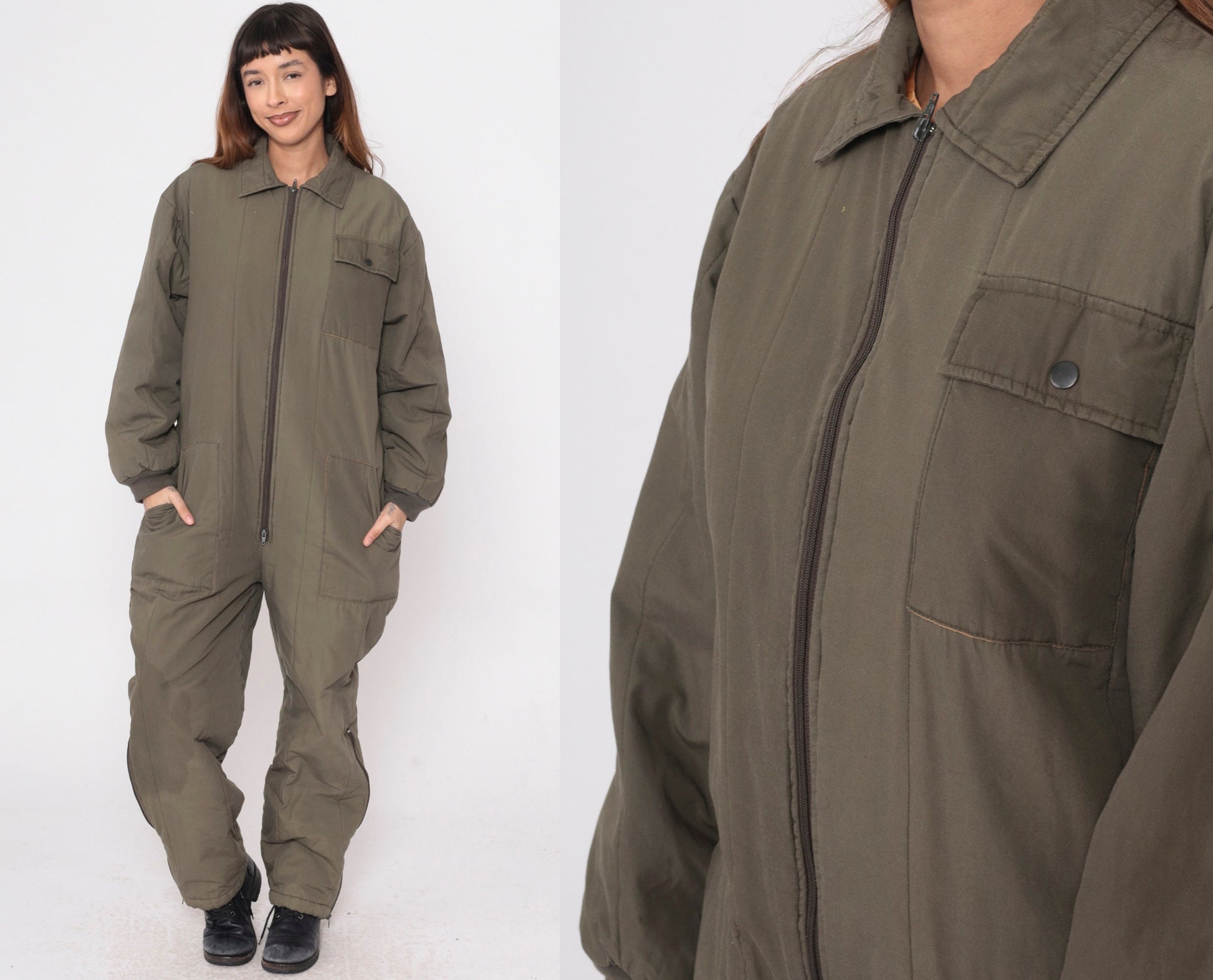 80s Snowmobile Coveralls Olive Green Insulated Jumpsuit Cargo Pockets Small