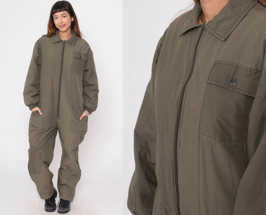 80s Snowmobile Coveralls Olive Green Insulated Jumpsuit Cargo Pockets Small