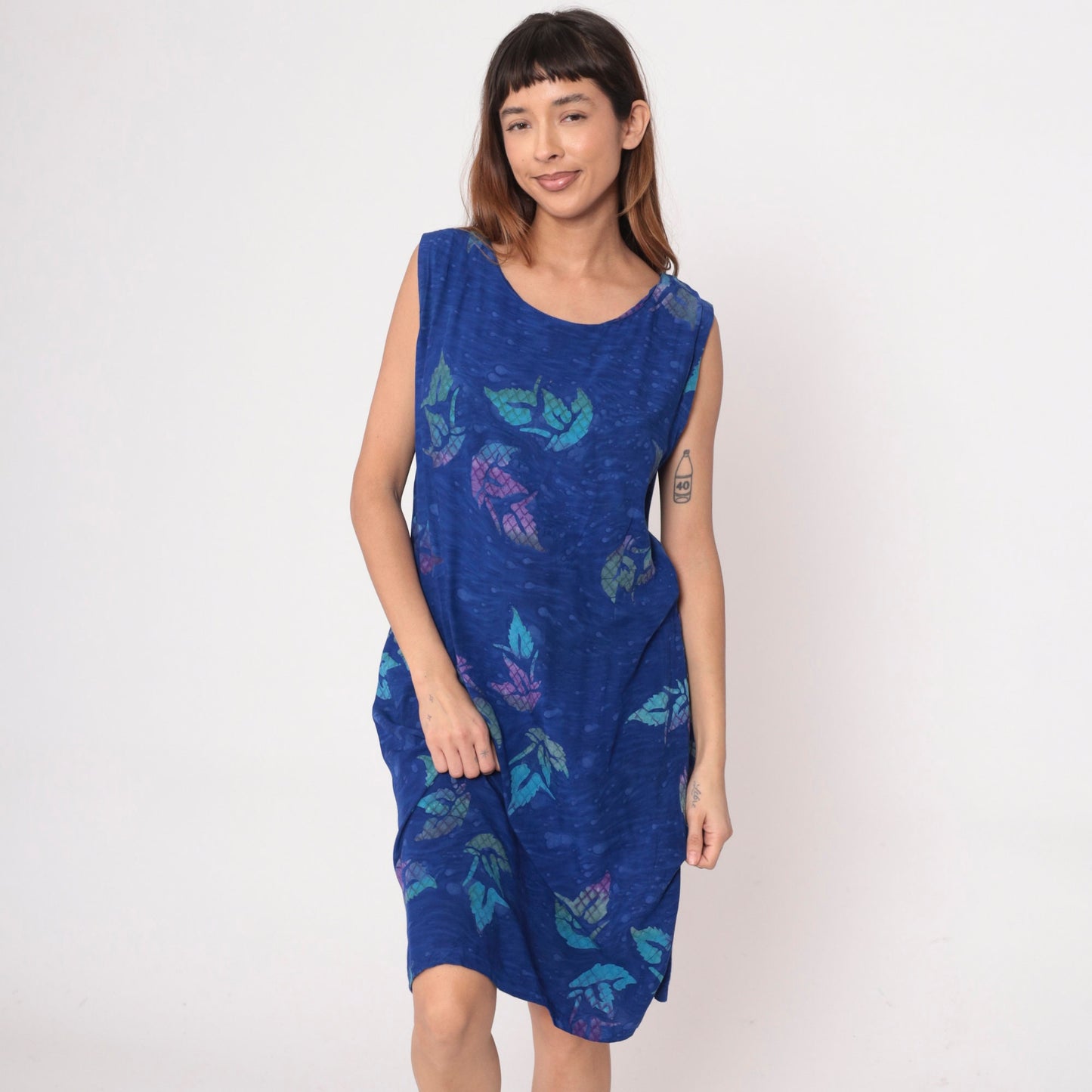 Y2K Blue Tropical Leaf Print Midi Shift Dress Sleeveless Extra Large XXL
