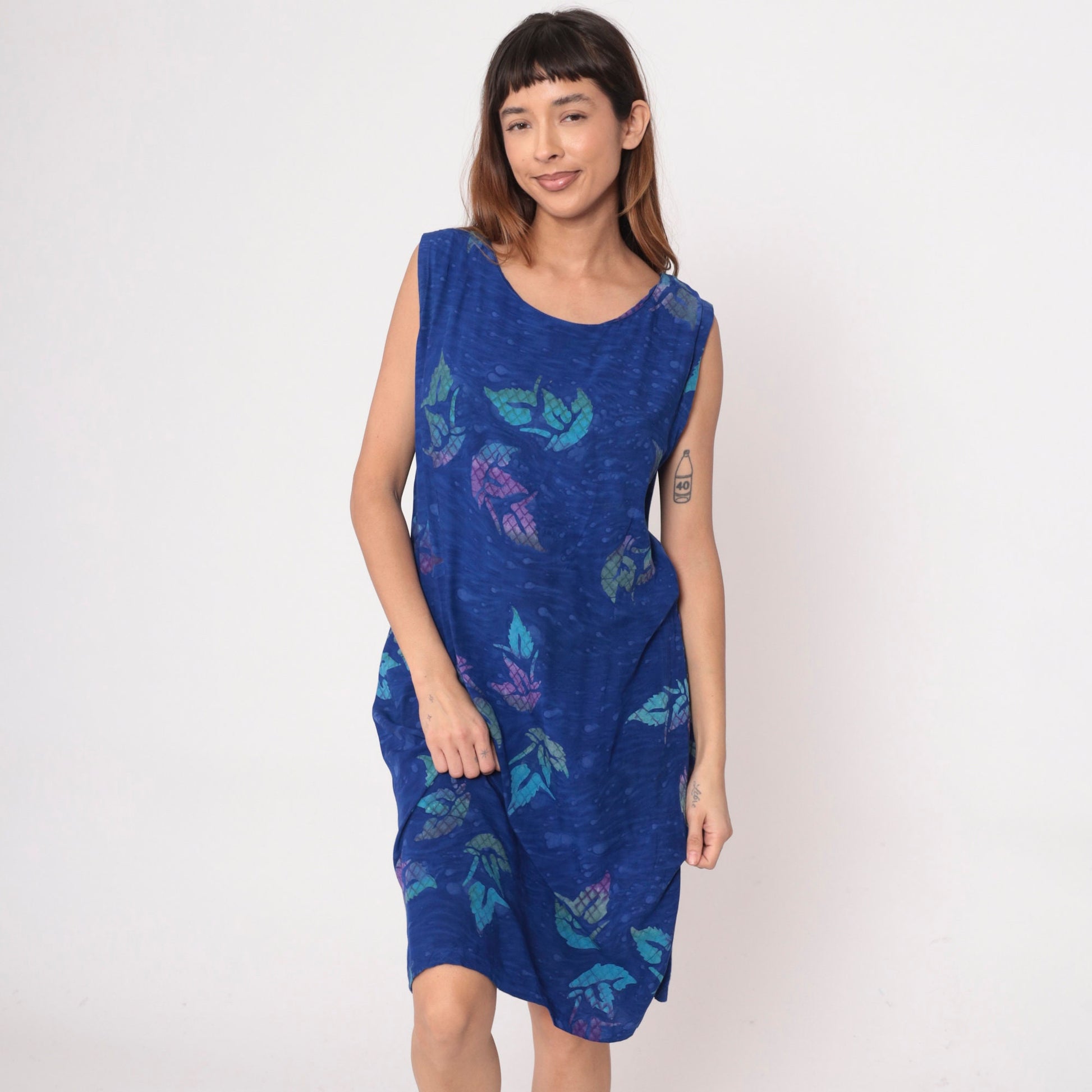 Y2K Blue Tropical Leaf Print Midi Shift Dress Sleeveless Extra Large XXL