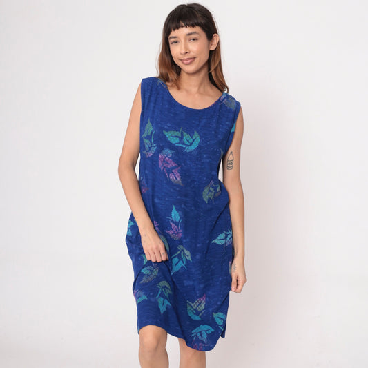 Y2K Blue Tropical Leaf Print Midi Shift Dress Sleeveless Extra Large XXL