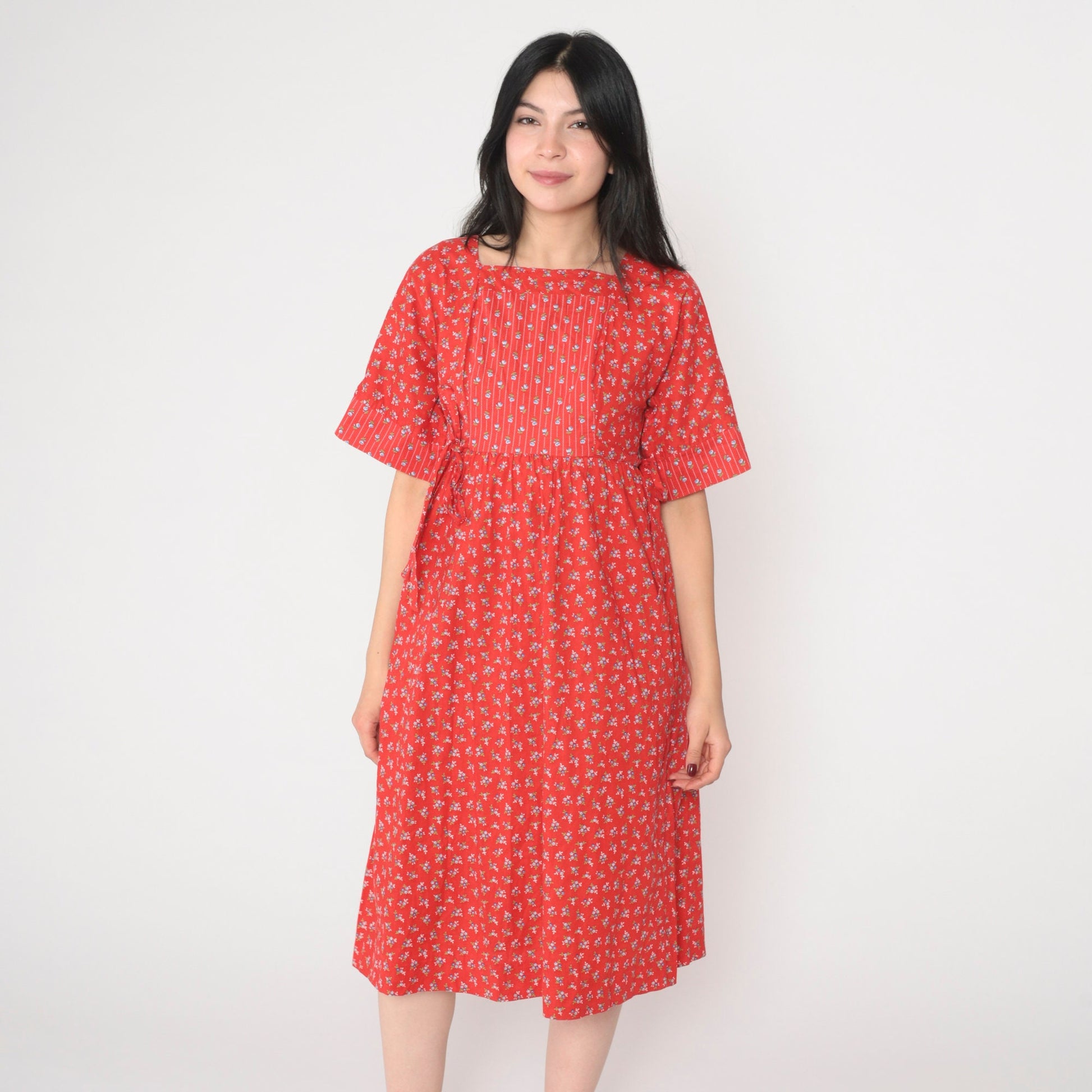 70s Lanz Original Red Floral Calico Midi Dress Empire Waist Tie Short Sleeve Extra Small