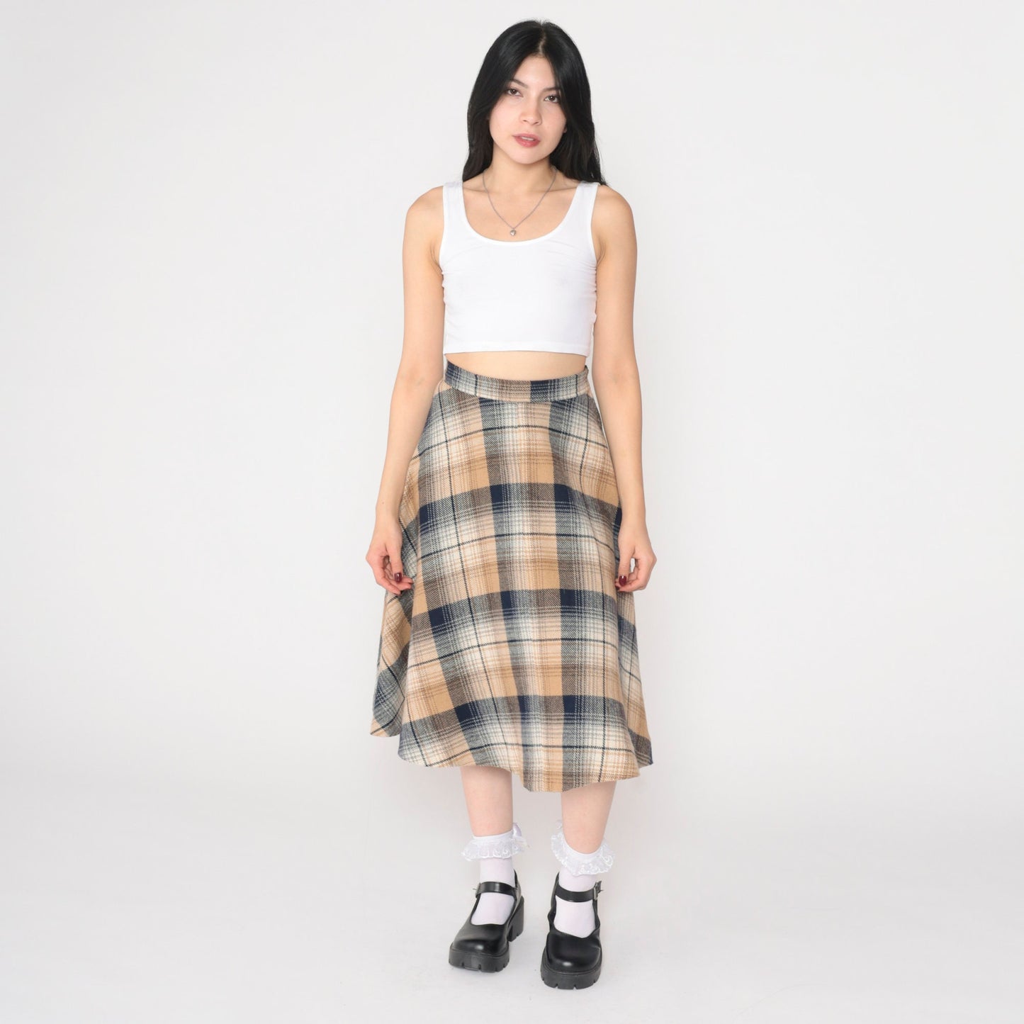 70s Plaid Midi Skirt High Waisted A-Line Tartan Navy Tan Extra Small