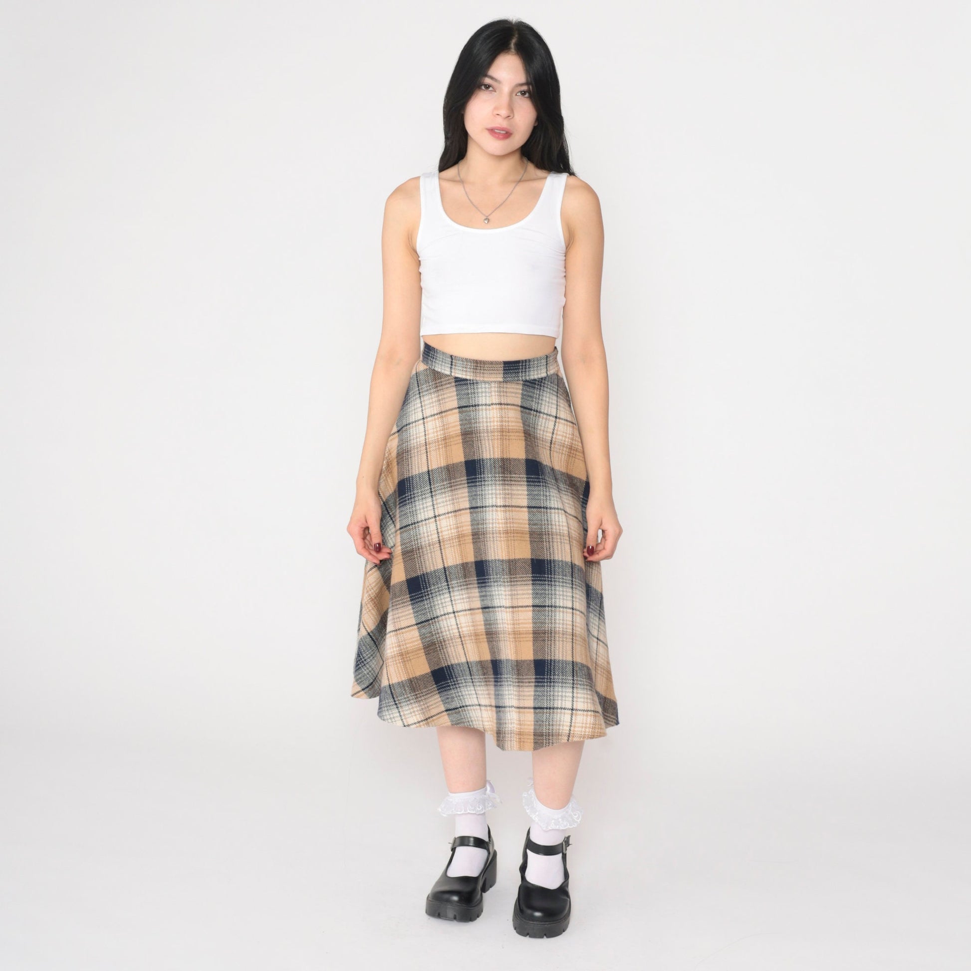 70s Plaid Midi Skirt High Waisted A-Line Tartan Navy Tan Extra Small