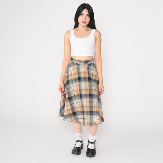 70s Plaid Midi Skirt High Waisted A-Line Tartan Navy Tan Extra Small