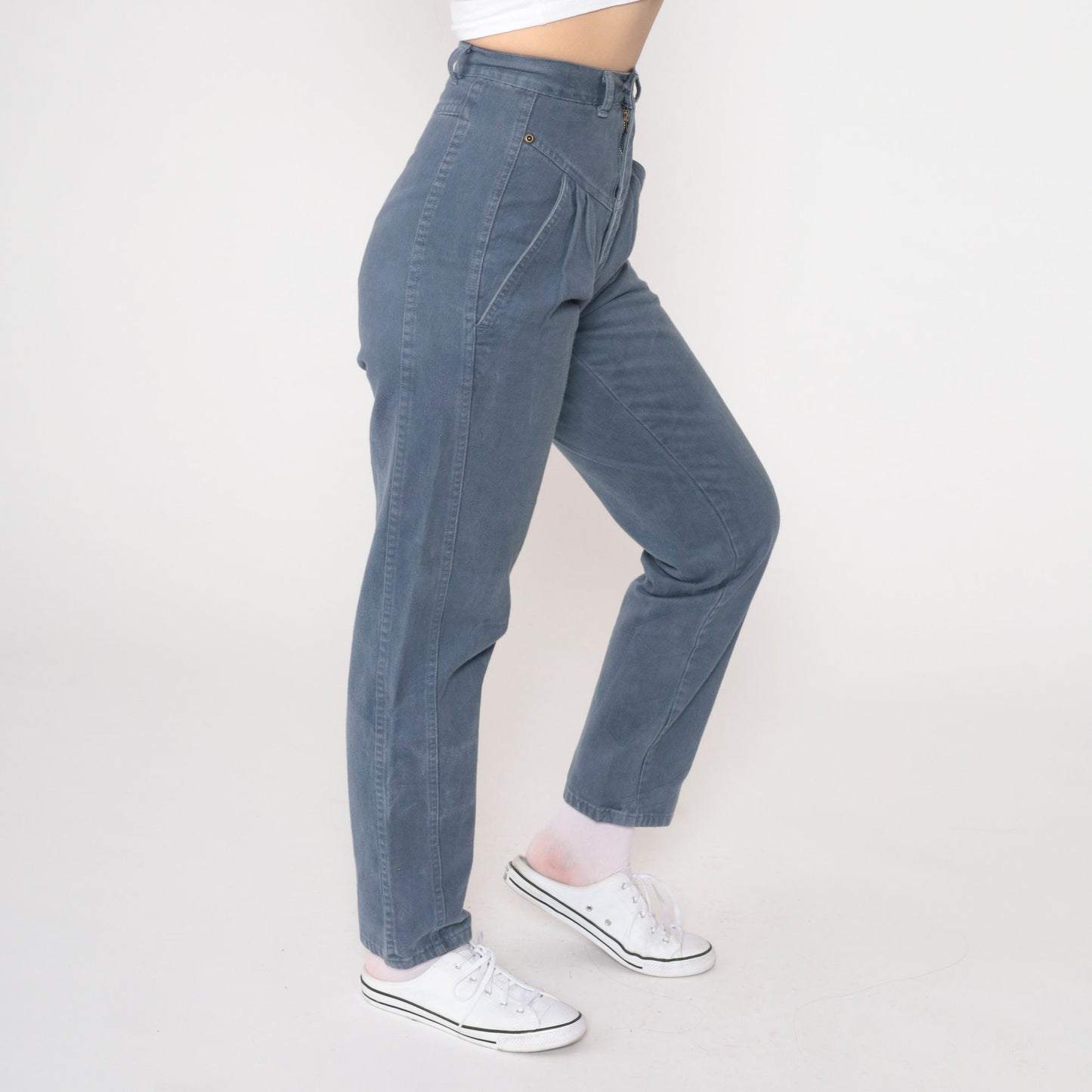 90s Grey Blue Pleated High Waist Straight Tapered Trousers Extra Small
