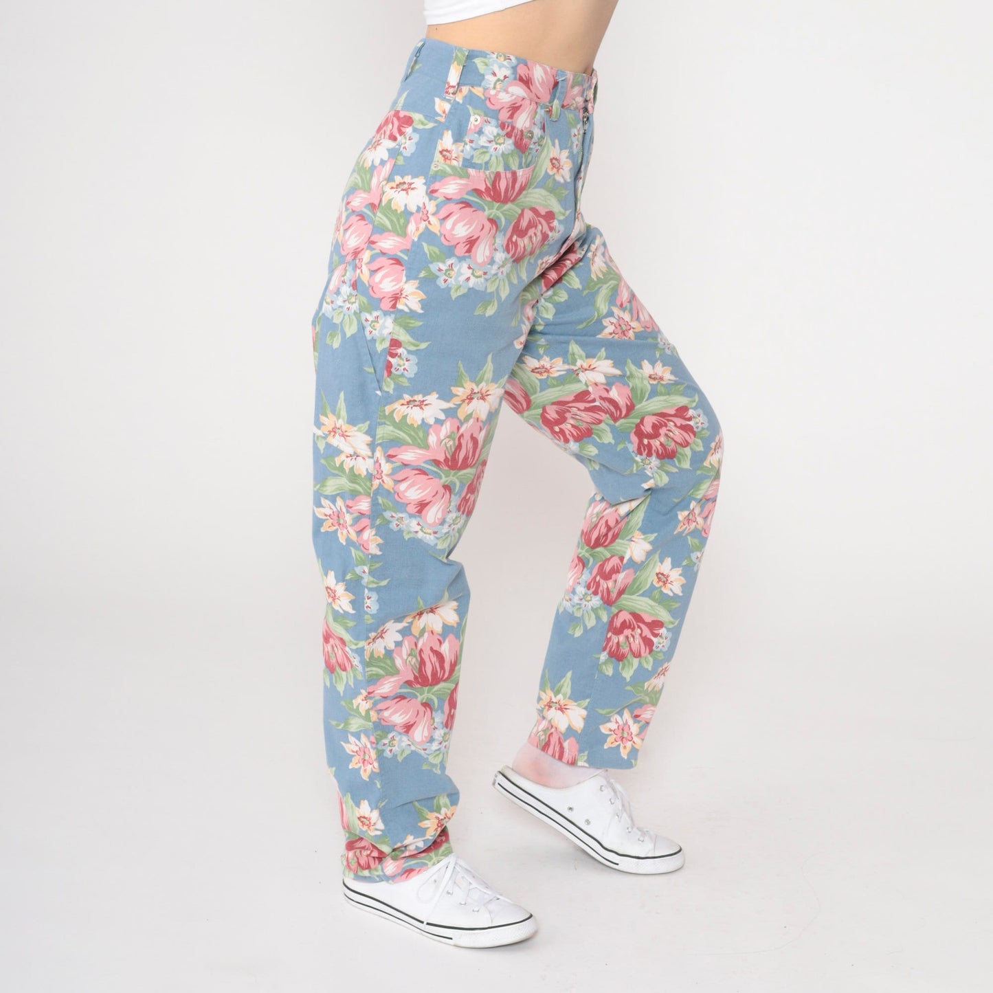 90s Blue Floral High-Waisted Straight Tapered Trousers Extra Small