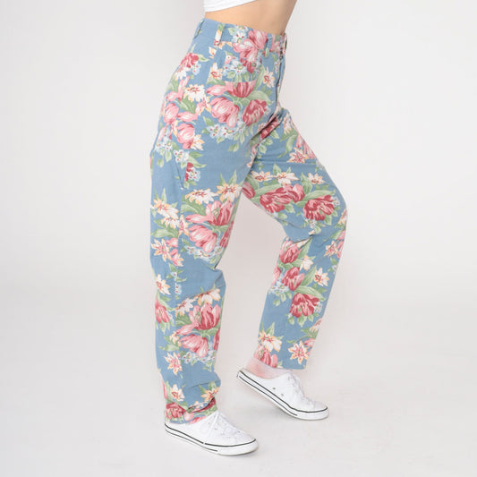90s Blue Floral High-Waisted Straight Tapered Trousers Extra Small