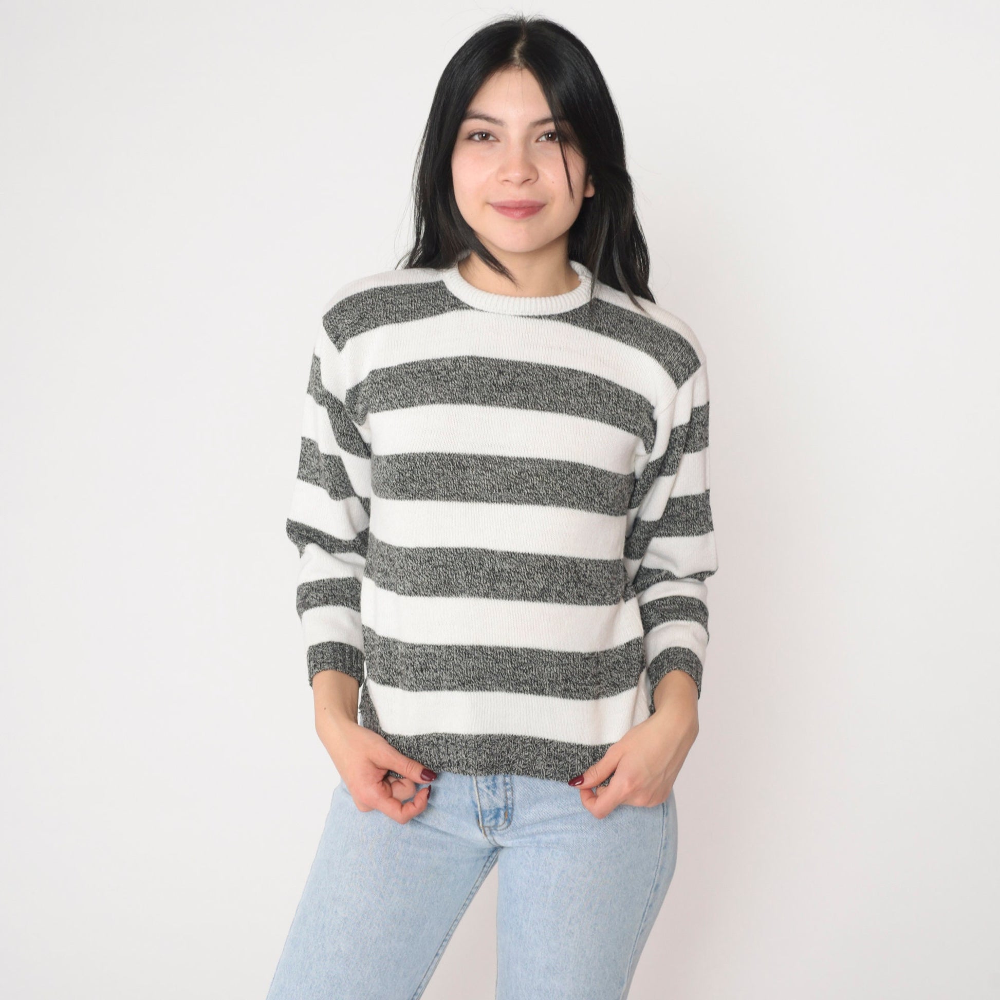 90s Jonathan Cass Striped Knit Sweater White Black Crewneck Small