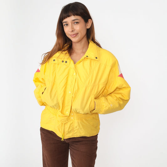 80s Roffe Yellow Puffer Ski Jacket Geometric Triangle Sleeves Large