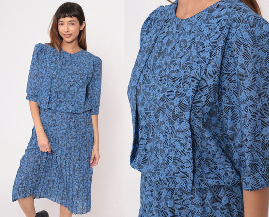 80s Blue Floral Midi Dress Puff Sleeve Pleated High Waist Medium