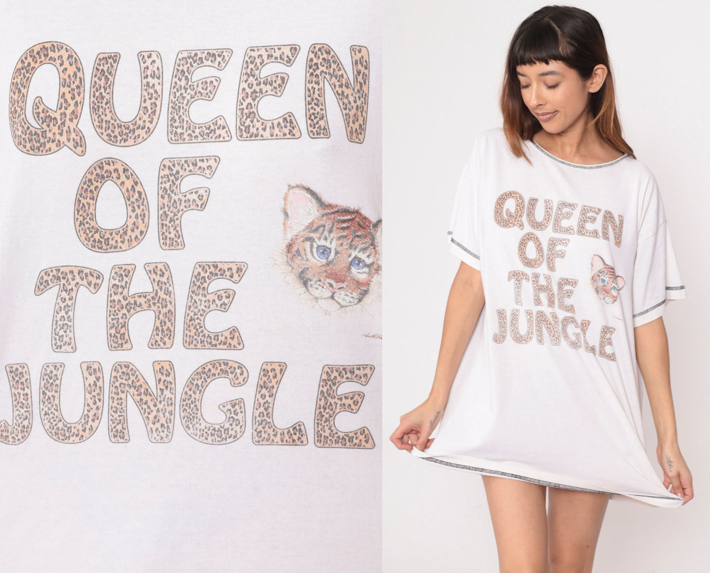 90s Tiger Print T-Shirt Dress Queen of the Jungle Graphic Mini Nightie White Small