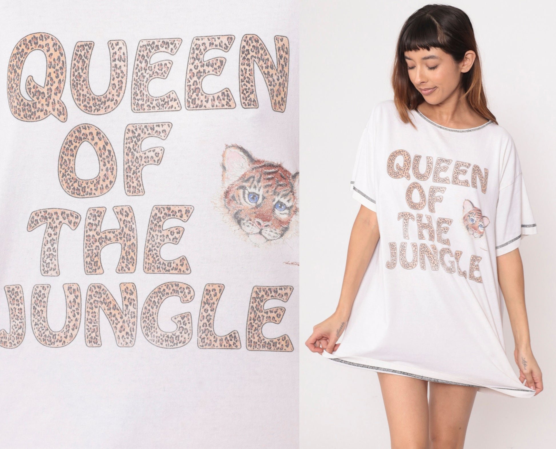 90s Tiger Print T-Shirt Dress Queen of the Jungle Graphic Mini Nightie White Small