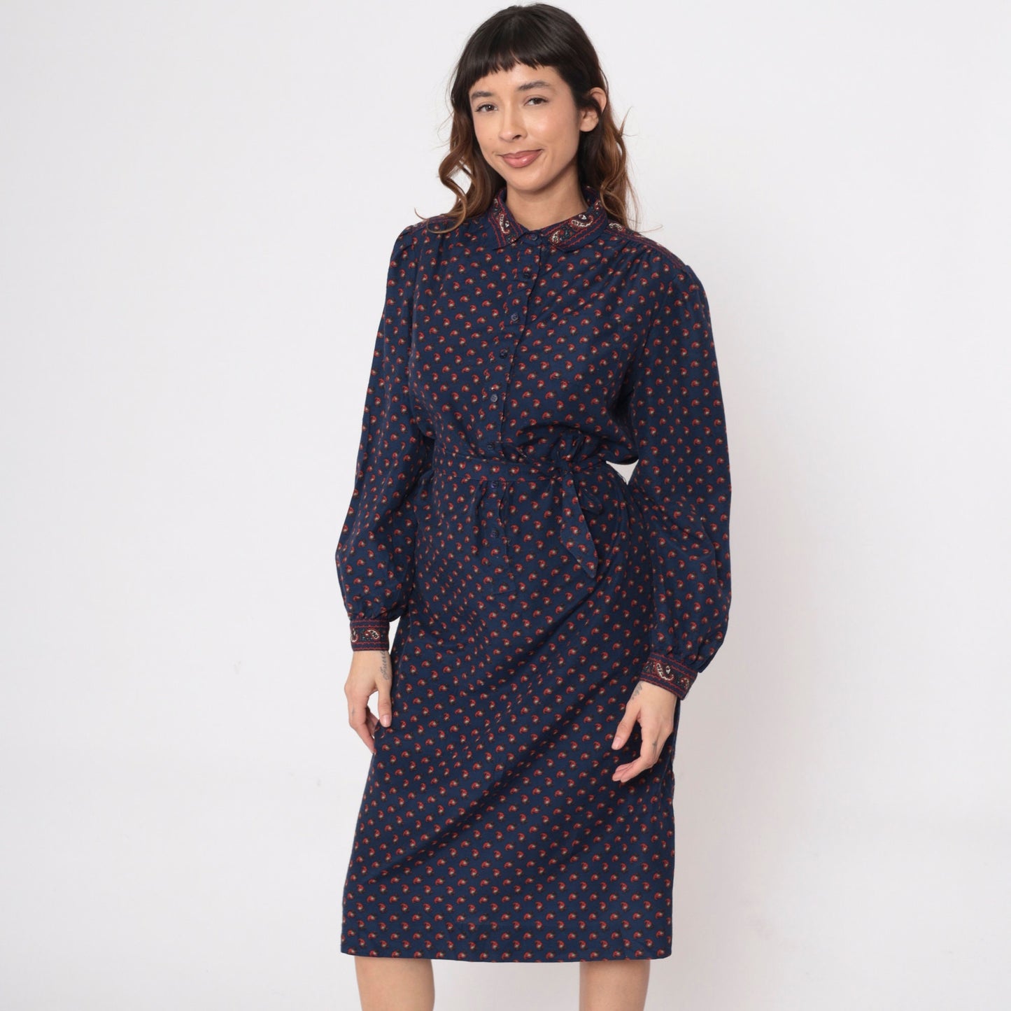 80s Dark Blue Paisley Midi Shirtdress Button-Up Long Sleeve Red Print Large