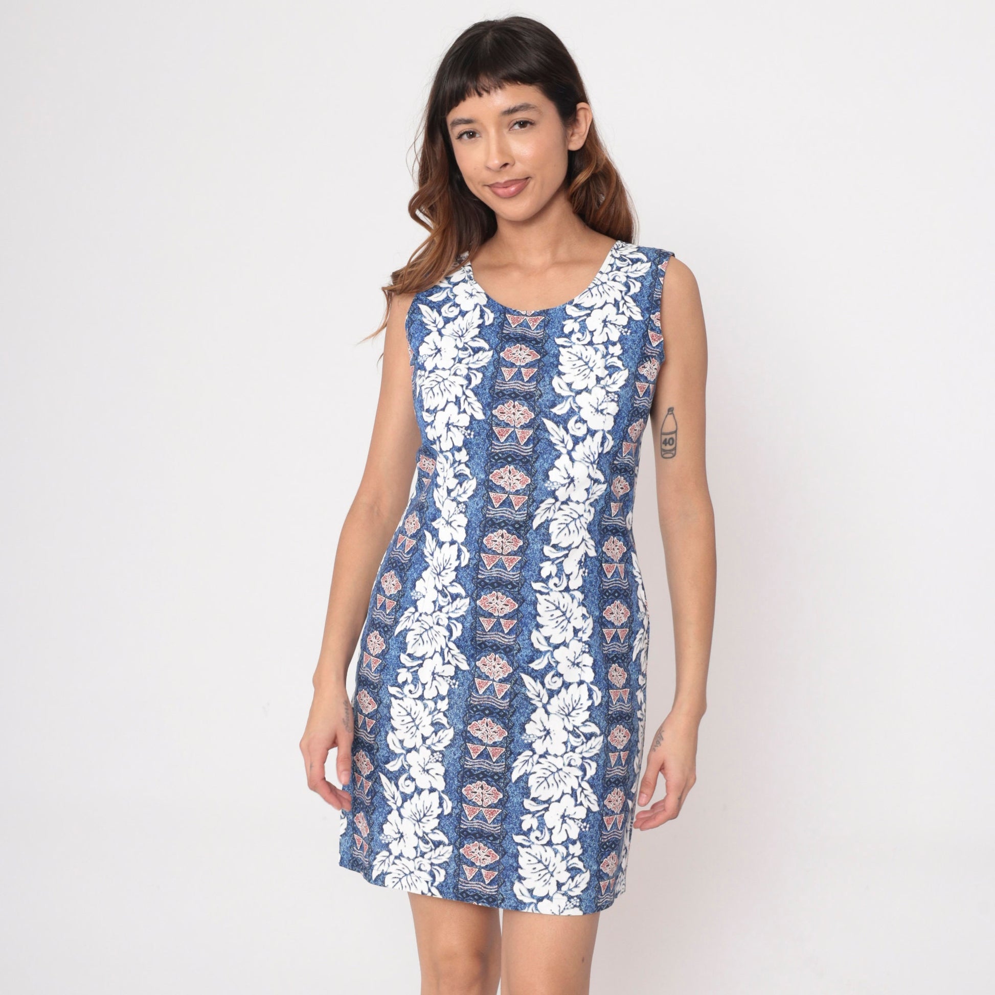 90s Hawaiian Floral Mini Dress Blue Cotton Medium – Shopexile