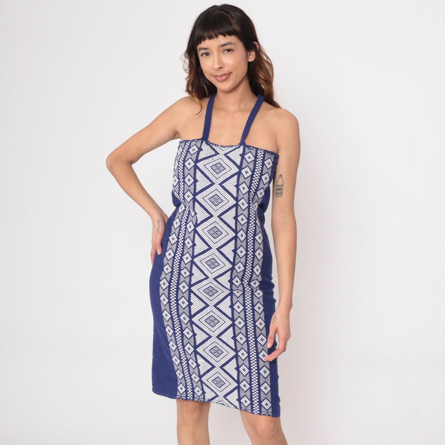 90s Blue Aztec Embroidered Midi Sundress Criss-Cross Spaghetti Strap Extra Small XS