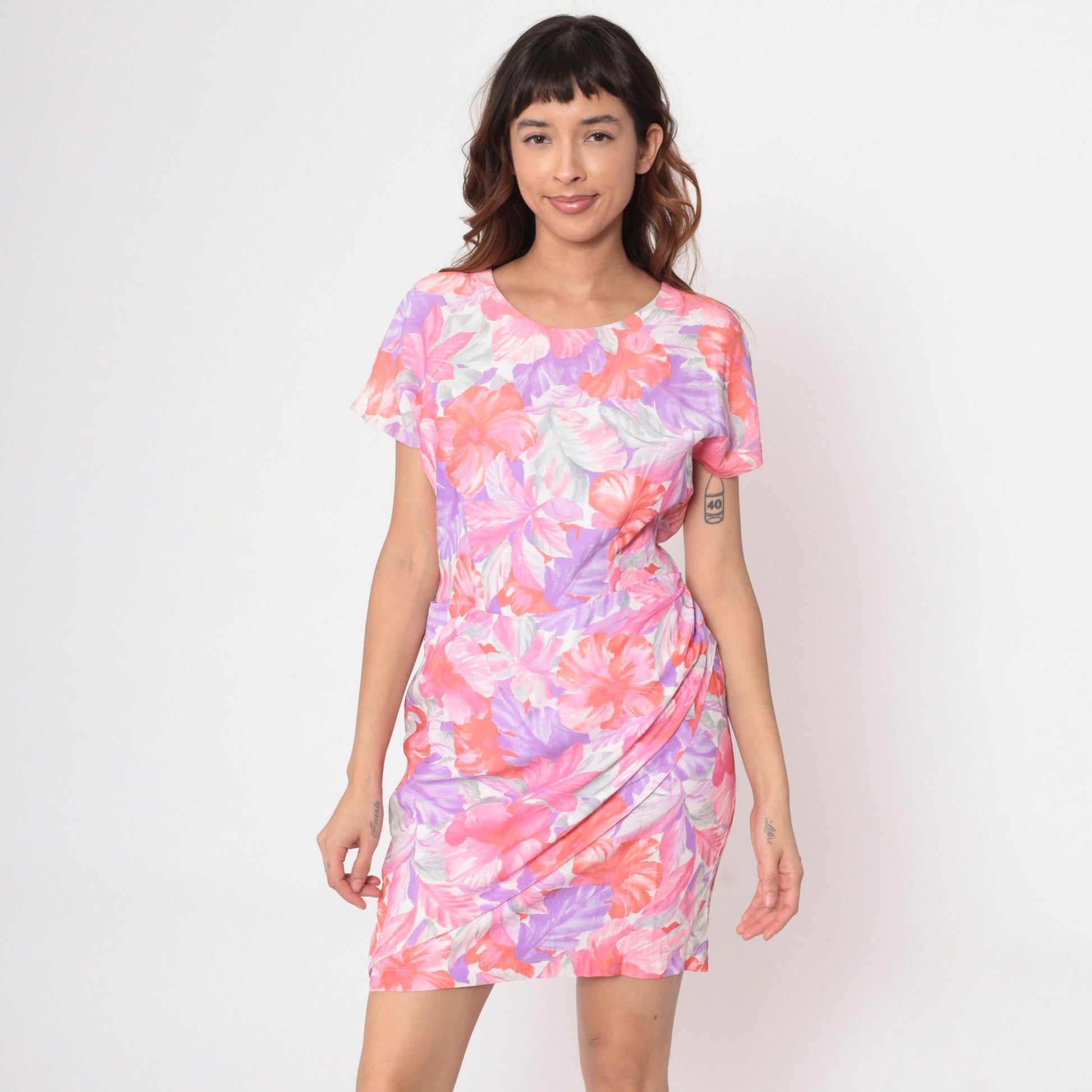 80s Tropical Floral Mini Wrap Dress Purple Orange Short Sleeve Small