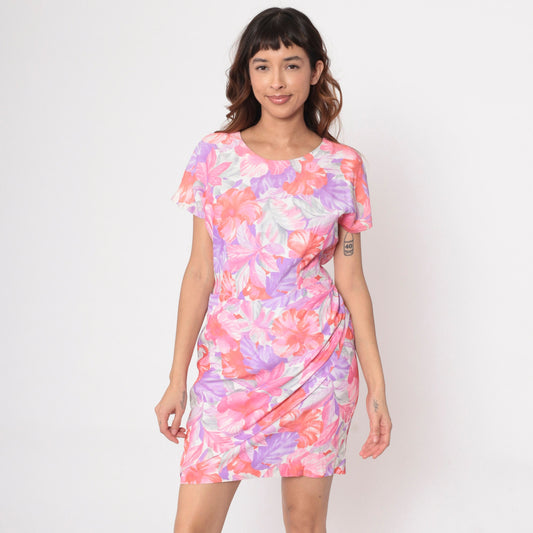 80s Tropical Floral Mini Wrap Dress Purple Orange Short Sleeve Small