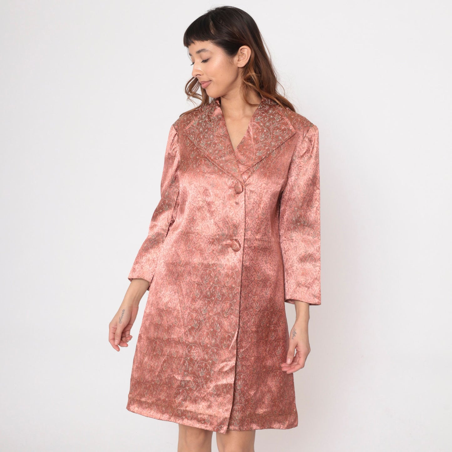 60s Pink Brocade Jacket Floral Bird Design Knee Length Button Up Medium