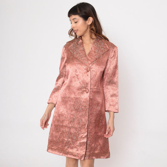 60s Pink Brocade Jacket Floral Bird Design Knee Length Button Up Medium