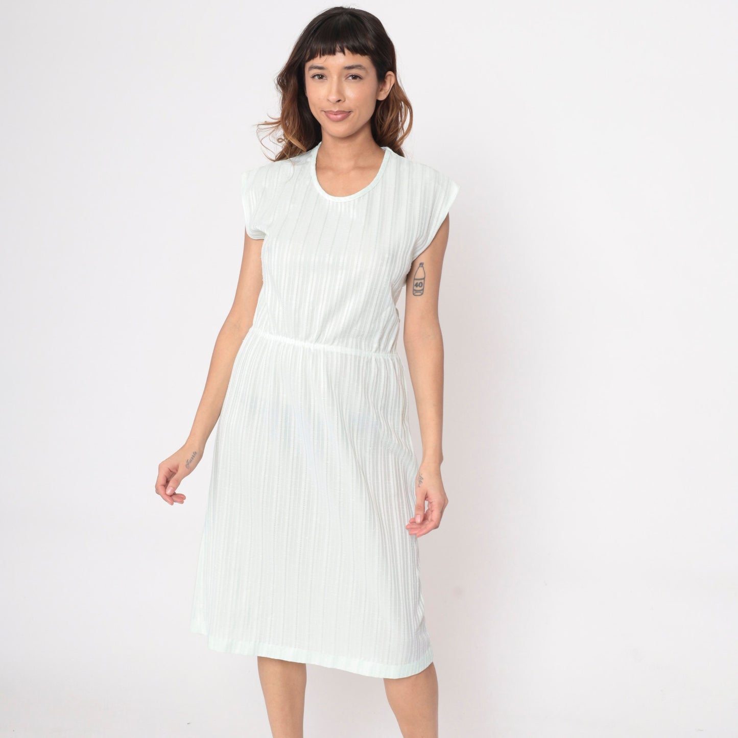70s Pale Green Striped Midi Dress Cap Sleeve High Waist Small Medium