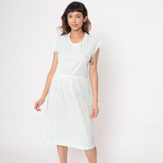 70s Pale Green Striped Midi Dress Cap Sleeve High Waist Small Medium