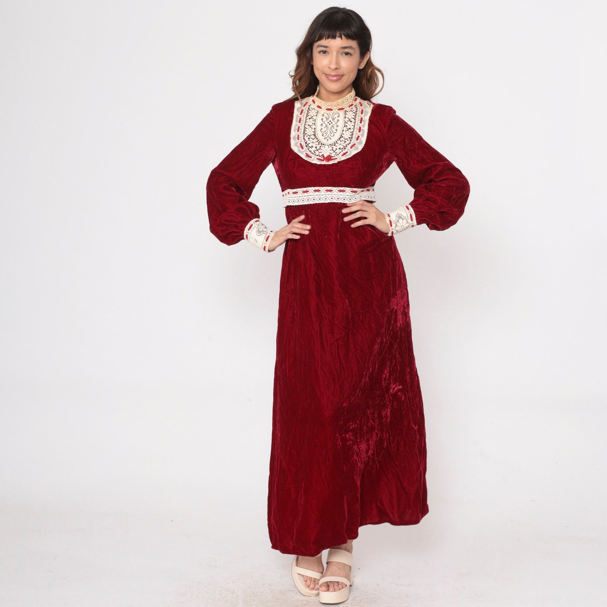70s Red Velvet Maxi Dress Empire Waist Lace Bib Balloon Sleeve Medium