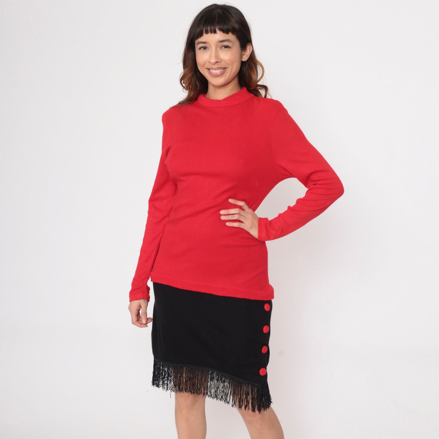 80s Color Block Dress Red Black Fringe Mock Neck Drop Waist Small