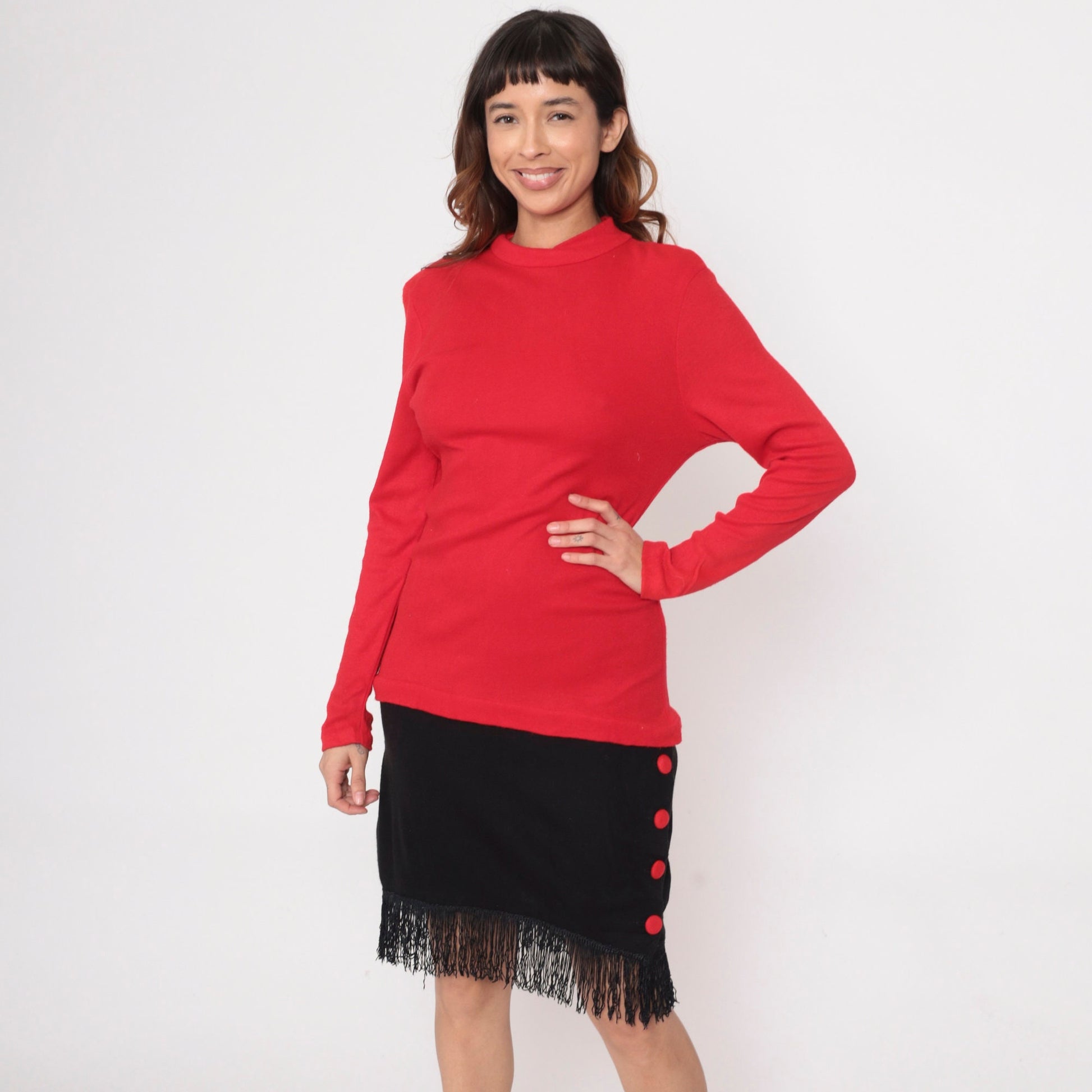 80s Color Block Dress Red Black Fringe Mock Neck Drop Waist Small