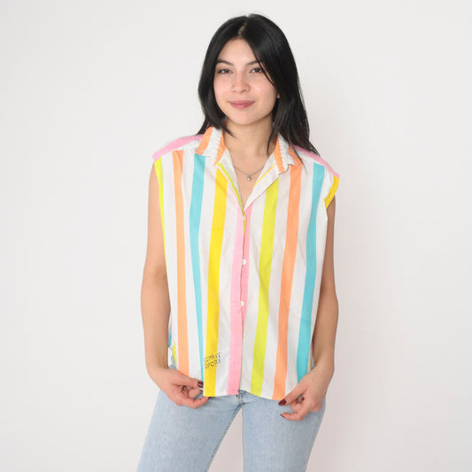 90s Esprit Sport Striped Tank Top Collared Sleeveless Blouse Small S