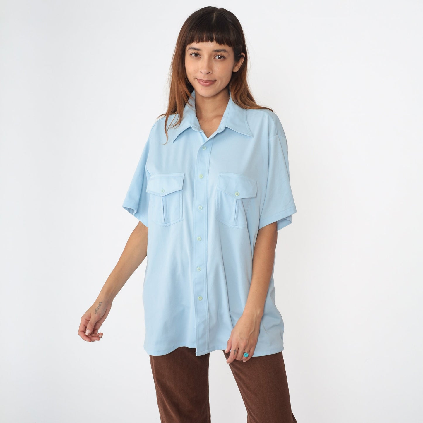 70s Baby Blue Dagger Collar Button-Up Shirt Short Sleeve Extra Large