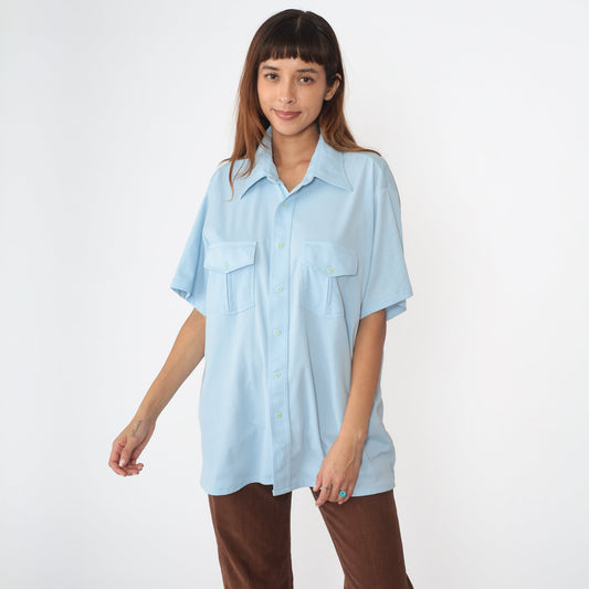 70s Baby Blue Dagger Collar Button-Up Shirt Short Sleeve Extra Large