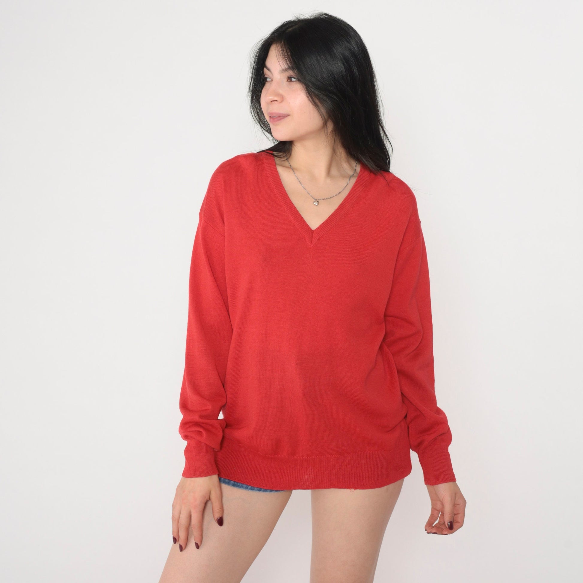 70s Chiemar Red Wool V-Neck Pullover Sweater Medium M