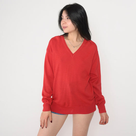 70s Chiemar Red Wool V-Neck Pullover Sweater Medium M