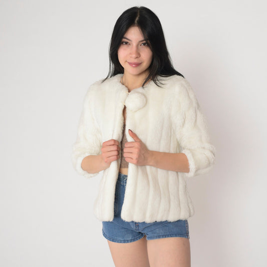 90s Off-White Faux Fur Jacket Open Front Tie Neck Pom Pom Extra Small