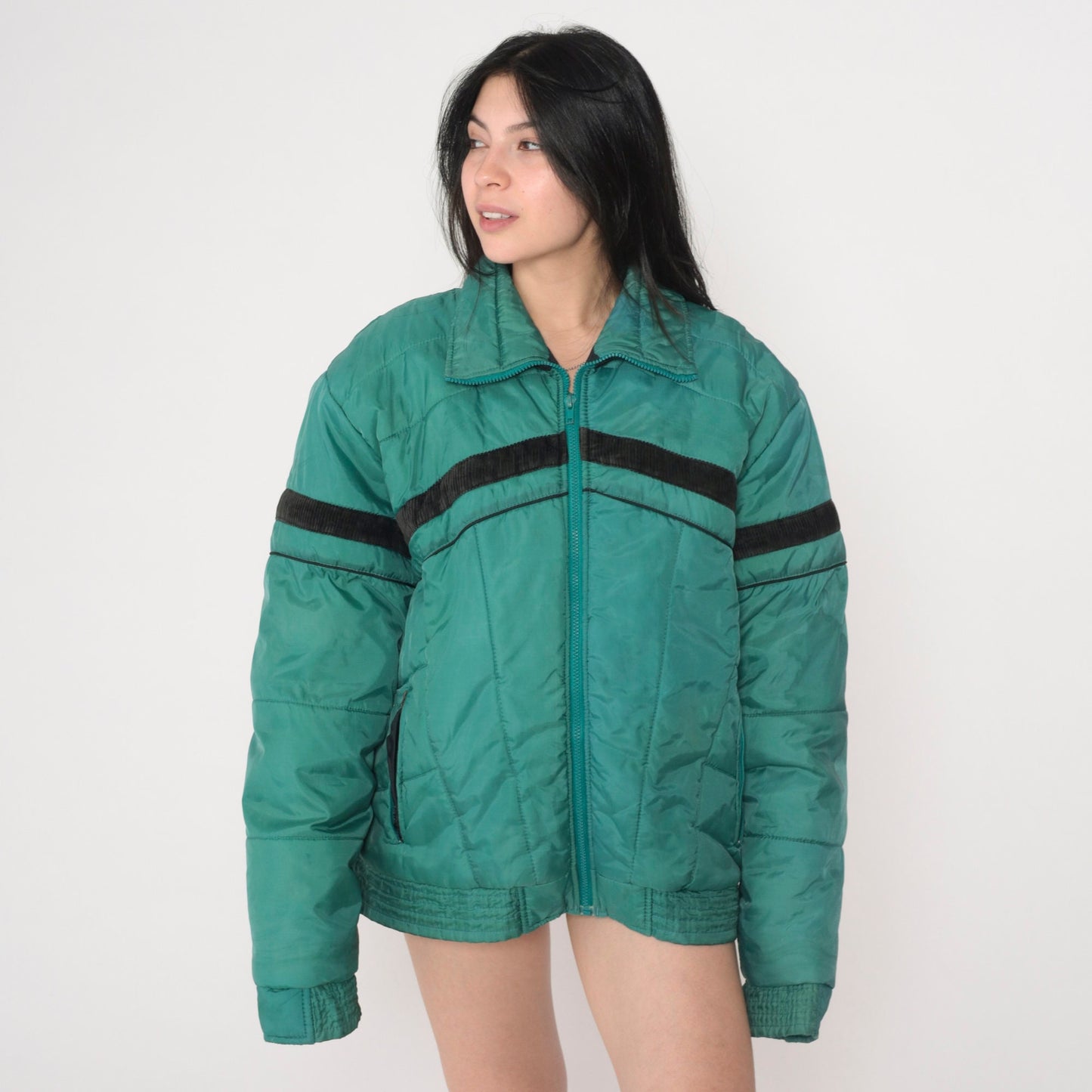 70s Green Puffer Ski Jacket Black Stripe Zip Nylon Insulated Large