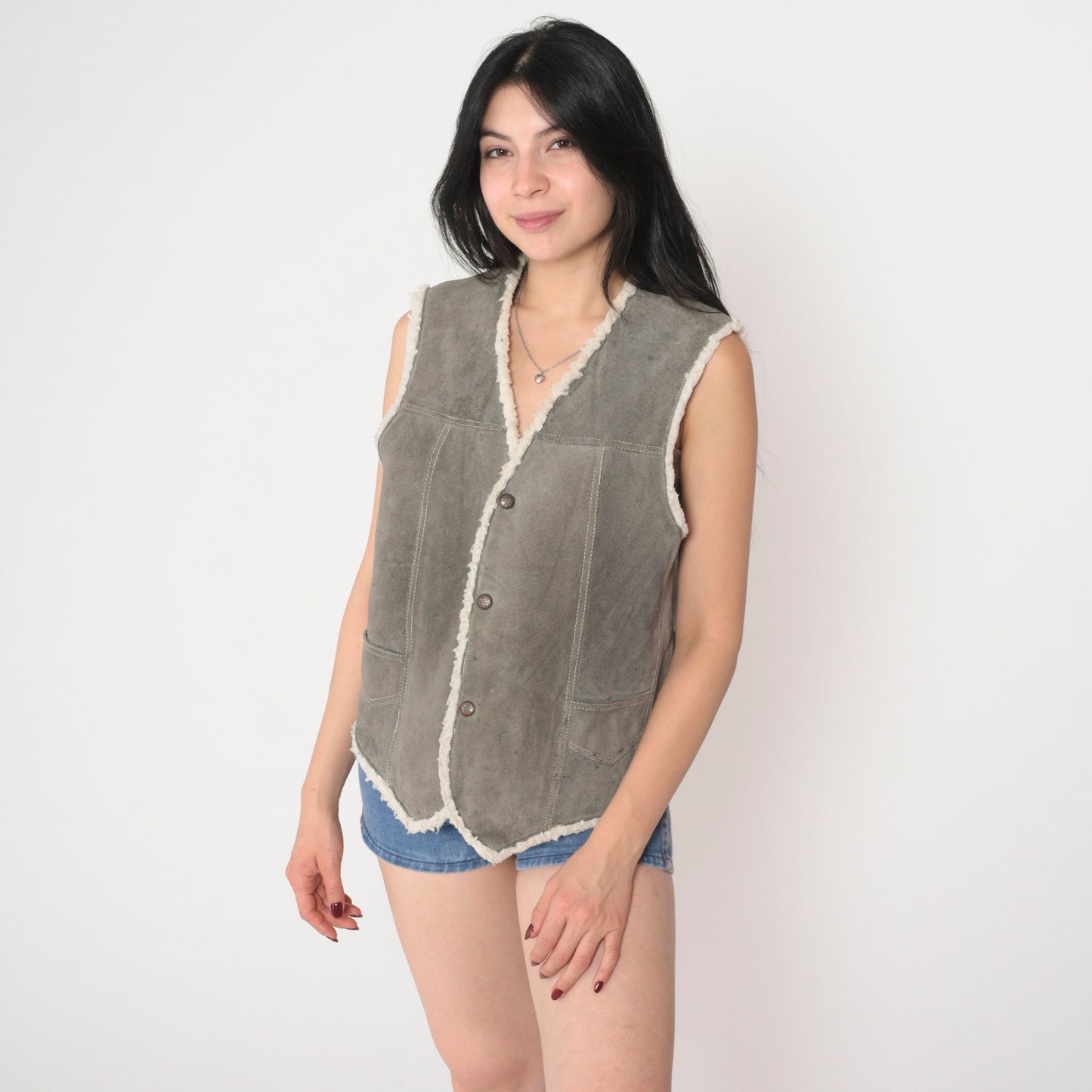 80s Grey Suede Vest Faux Shearling Lined Snap Front Sleeveless Medium