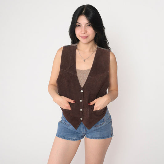 90s Brown Suede Leather Vest Plaid Back Snap Front Medium M