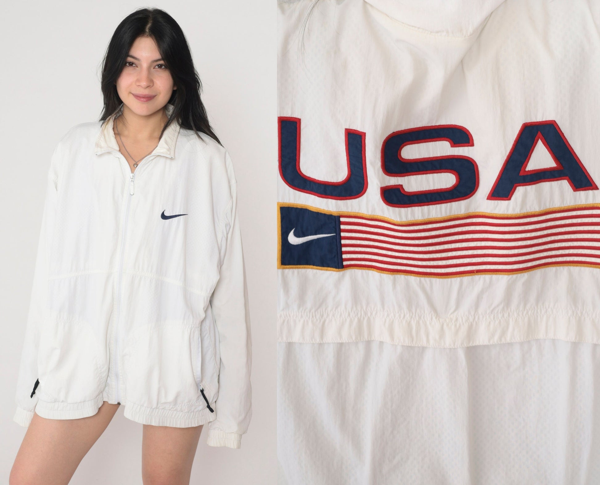 Nike Y2K White Windbreaker Jacket USA Flag Swoosh Nylon Large
