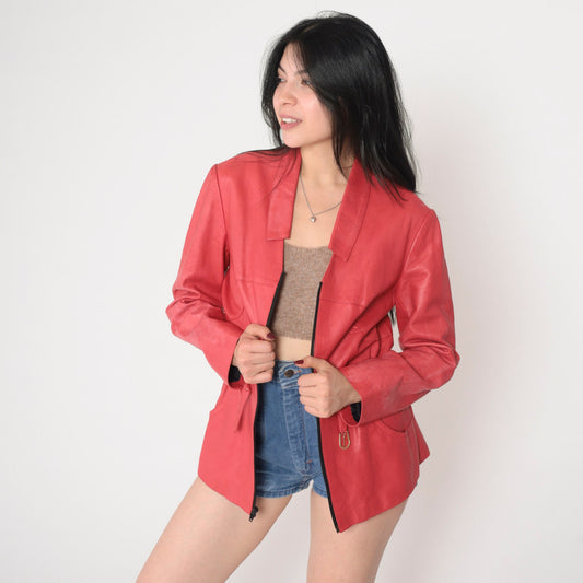 80s Dark Pink Leather Moto Jacket Rhinestone Belt Zip Small